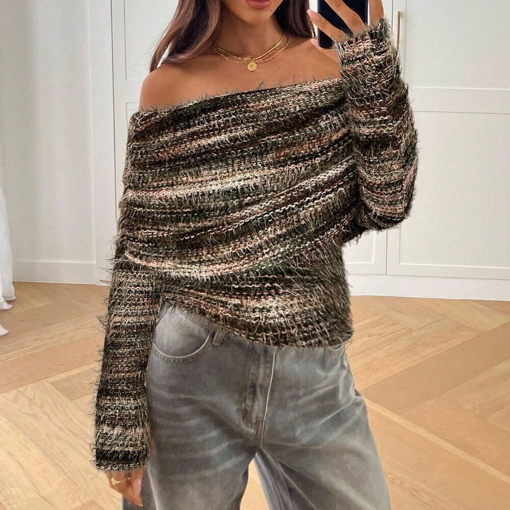 Multicolor Casual Women's Sexy Off Shoulder Ruched Knit T-Shirt - Picture 1 of 7